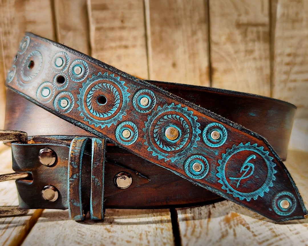 Handmade Brown Leather Belt with Turquoise Motorcycle Gear Design
