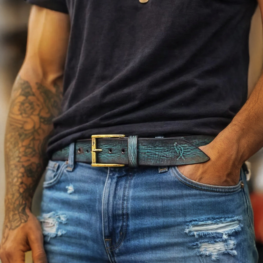 Distressed Turquoise Leather Belt - Personalized Statement Piece for Jeans - Rough Finish Stunning Design - Perfect Gift Option