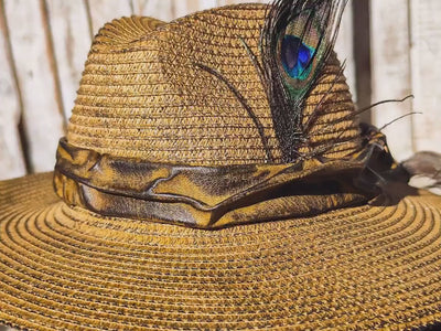 Handmade Straw Hat with Brown Leather Band and Removable Peacock Feather - Unique and Artistic Design