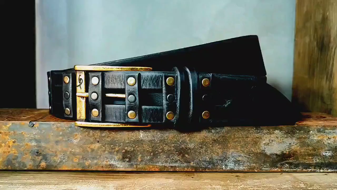 Black Leather Studded Belt – Handmade Full Grain Leather Belt with Metal Rivets – Statement Belt