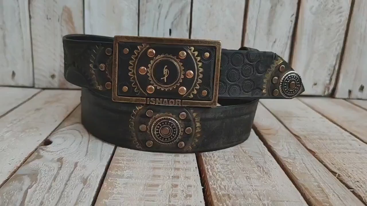 Handcrafted Black Leather Belt with Motorcycle Gear Stamps, Silver Studs, and touch of gold with silver rings and matching buckle.