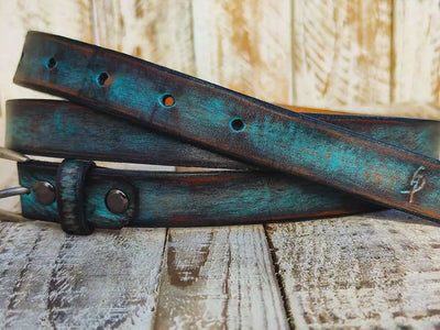 Distressed Turquoise Narrow Leather Belt for men and women with a silver buckle.A Statement Piece for Your Jeans Stunning rough finish.