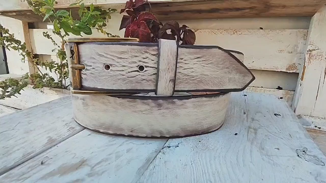 Handmade white creamy  Leather Belt with Beautiful Brown Wash - Unique and Stylish Accessory