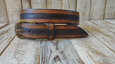 Handcrafted Leather Belt with three stripes in shades of brown and bronze Removable Buckle