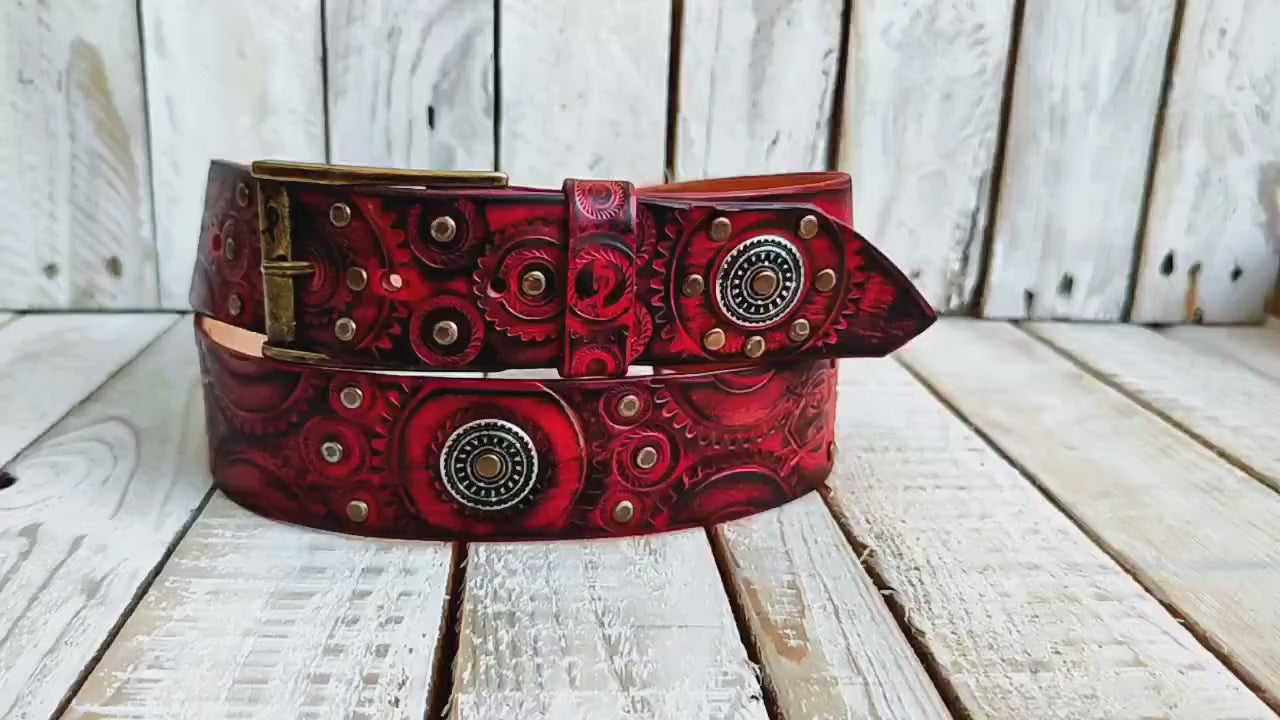 Biker's Delight: Handcrafted Red Leather Belt with Motorcycle Gear Stamps, Black Wash, Silver Studs, and Silver Coins