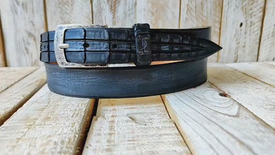 Handmade vintage Brown Leather Belt with Gray Wash and Silver Buckle with Unique cut texture on the tail of the belt