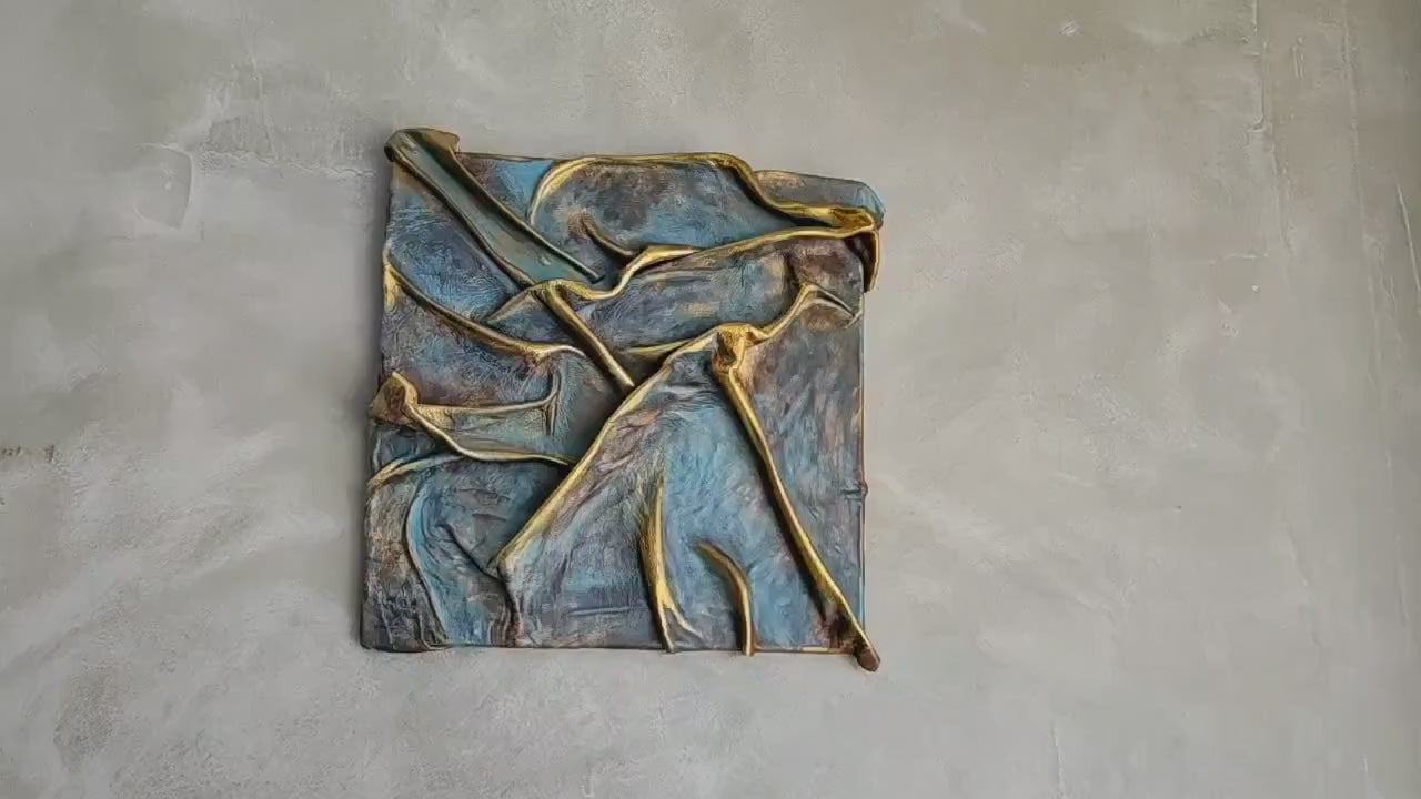 Turquoise Blue and Brown Leather Wall Art with a Touch of Gold - Handmade with Unique Technique and One-of-a-Kind
