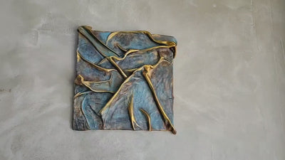 Turquoise Blue and Brown Leather Wall Art with a Touch of Gold - Handmade with Unique Technique and One-of-a-Kind