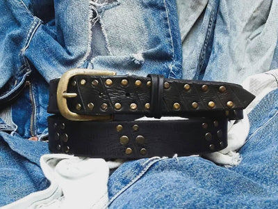 Unique Rustic Leather Mens Belt - Rocker Style Wide Buckle with Bronze Creative Rivets - Artisan Fashion Accessory