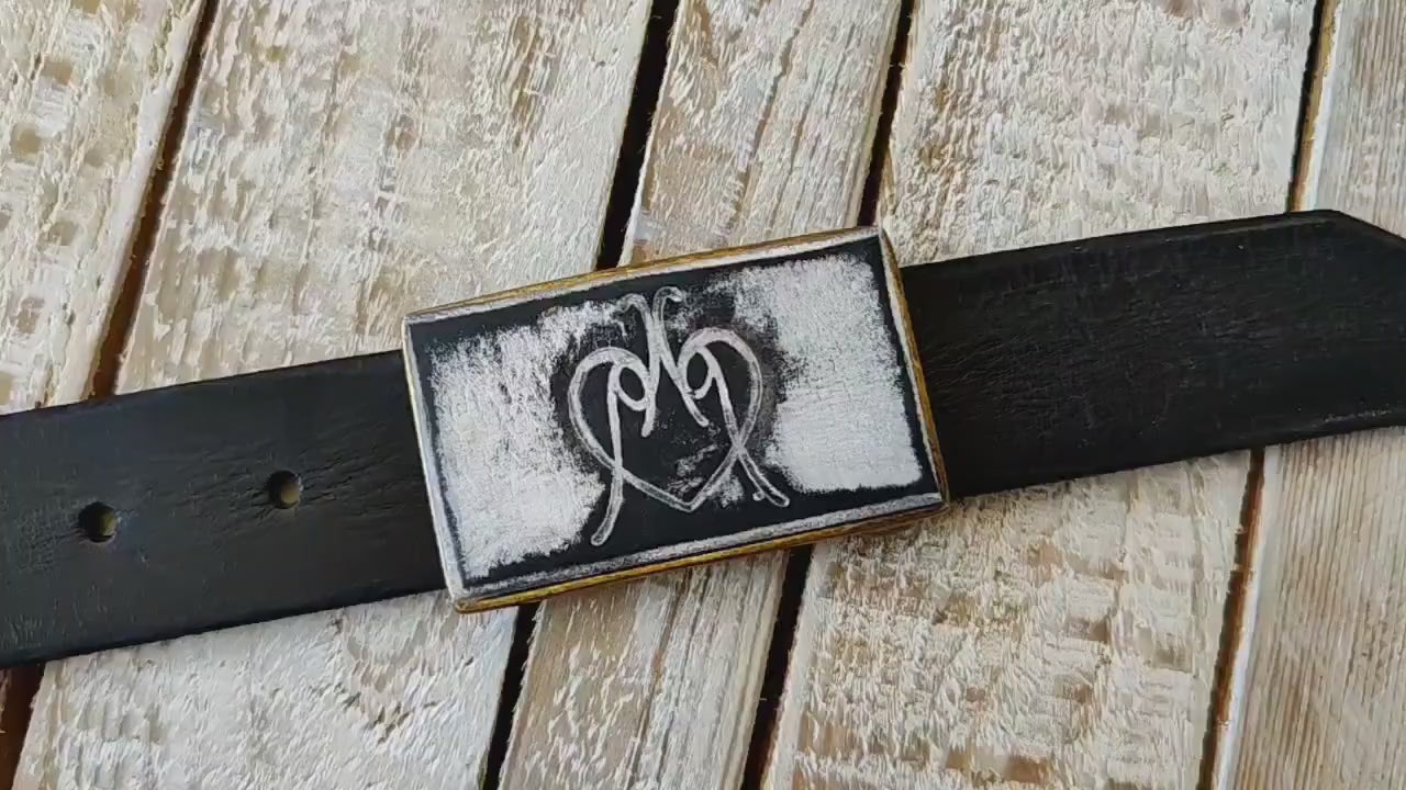 White Leather Belt Buckle with Black wash and ISHAOR Double Logo - Unique Design buckle for 4 cm belt