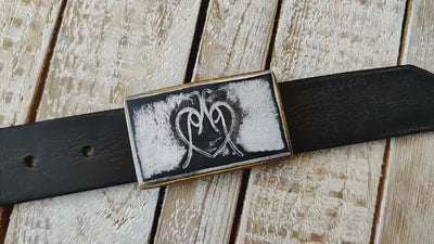 White Leather Belt Buckle with Black wash and ISHAOR Double Logo - Unique Design buckle for 4 cm belt