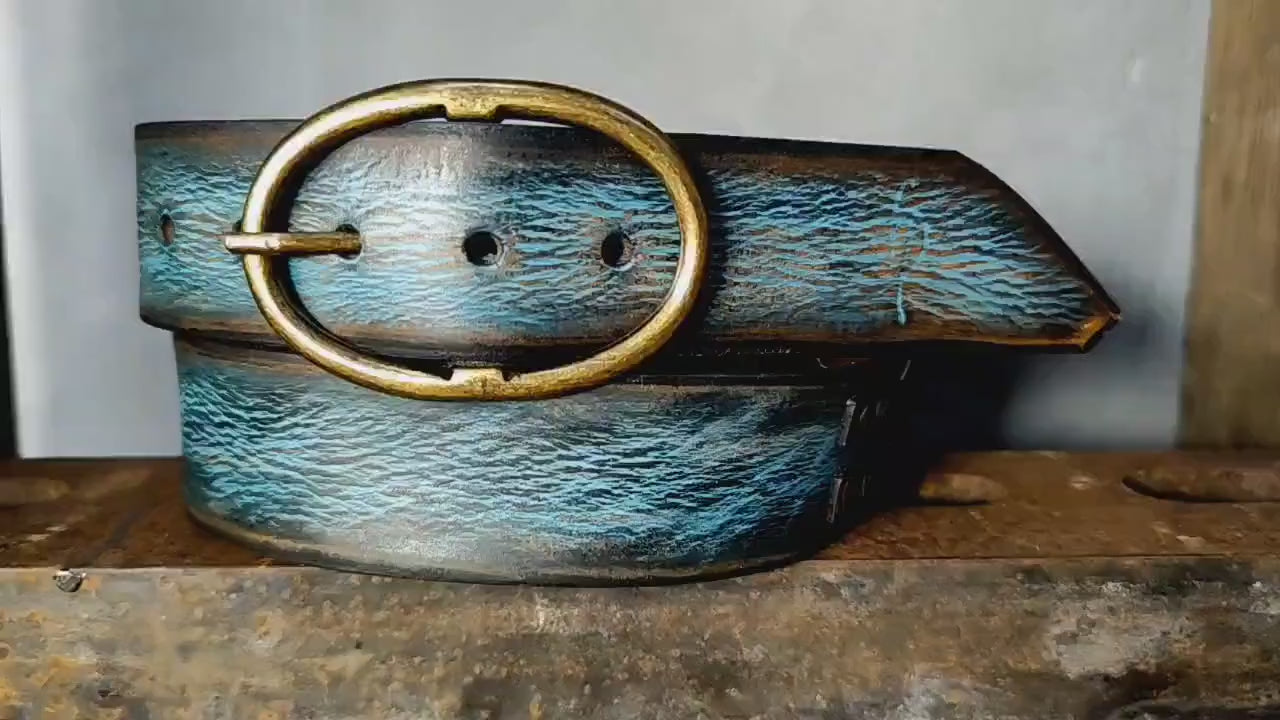 Handmade Distressed Turquoise Leather Belt | Vintage Style Blue Jeans Belt for Men & Women | Rustic Full Grain Leather Strap | Antique Brass