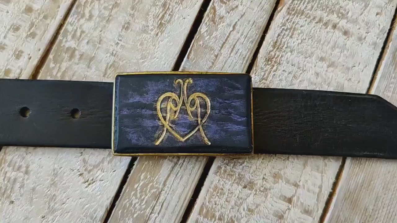 Purple Leather and Black Wash Buckle with Gold Ishaor Logo - Unique buckle  and gift for women