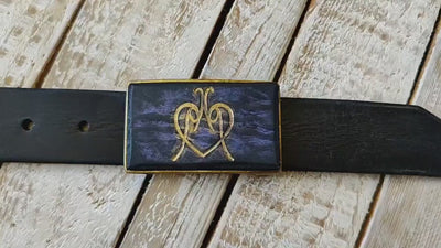 Purple Leather and Black Wash Buckle with Gold Ishaor Logo - Unique buckle  and gift for women