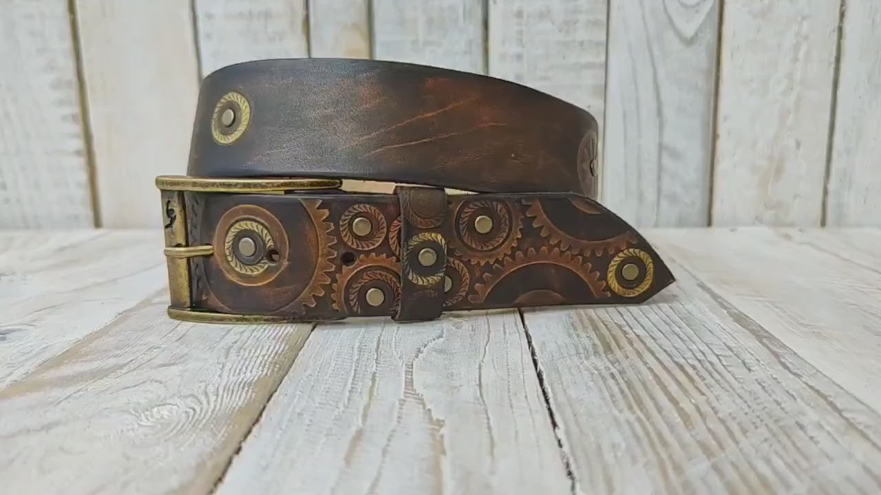 Handmade Motorcycle Gear Stamped Leather Belt with Rustic Dark Leather and touch of gold - Unique Design by Ishaor