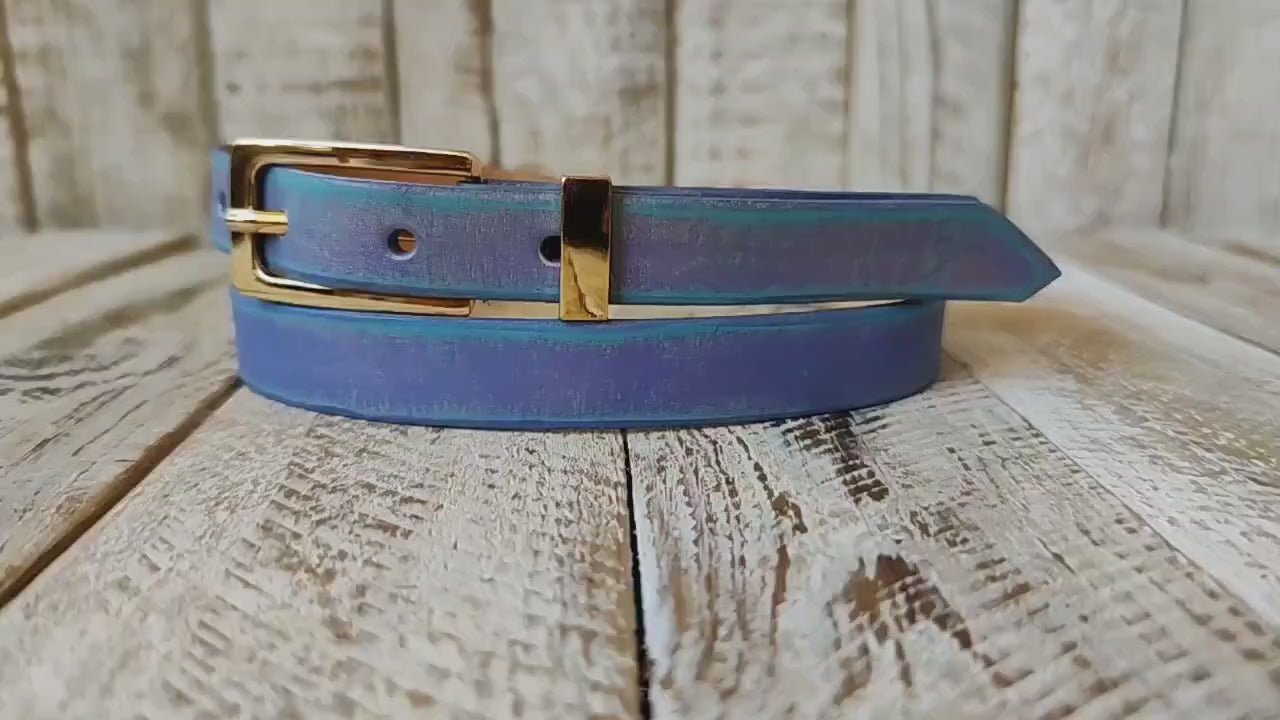 Handcrafted Purple Leather Belt – Turquoise Wash, Golden Buckle
