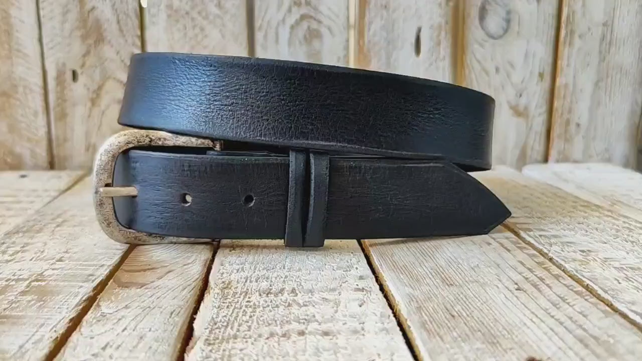 Customizable Vintage Black Leather Mens Belt with Silver Buckle - Personalized Gift for Dad Boyfriend or Any Man