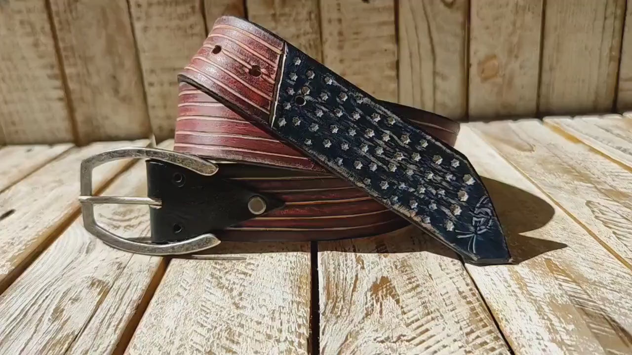Handmade Leather Belt with American Flag Design and Horseshoe Buckle – 4.2cm Wide