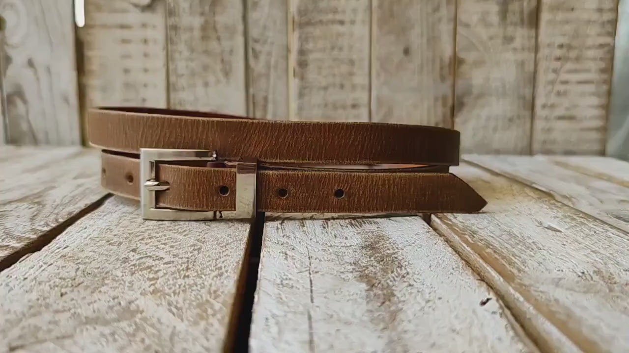 Handmade Brown Narrow Leather Belt with Silver Buckle - Stylish Accessory for Men or Women