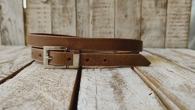 Handmade Brown Narrow Leather Belt with Silver Buckle - Stylish Accessory for Men or Women