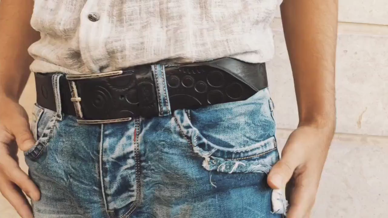 A handmade black leather belt embellished with stamps of motorcycle gear stunning belt for bikers the perfect gift for Motorcycle lovers