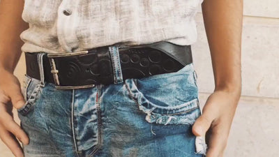 A handmade black leather belt embellished with stamps of motorcycle gear stunning belt for bikers the perfect gift for Motorcycle lovers