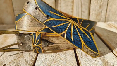 Artisanal White Leather Belt with Engraved Blue Flower Design, Black Wash Finish, and Gilded Details