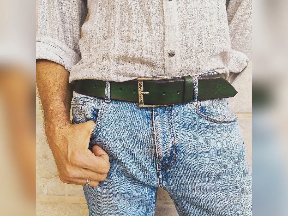 Handmade Green leather belt with brown wash, perfect for people that like speical look the perfect leather belt to wear with jeans .