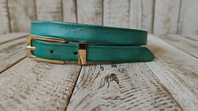 Handcrafted Narrow 2cm Turquoise Leather Belt with Gold Buckle for Women Elegant design, unique color