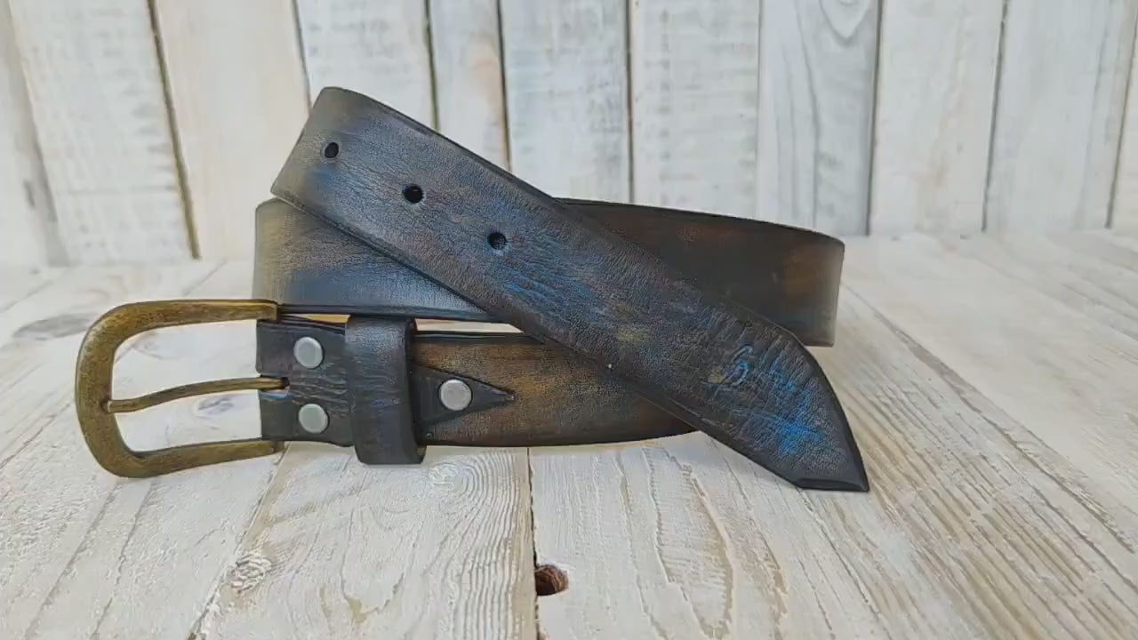 Handmade Leather Belt - Blue with Two-Tone Brown Wash, 3.6 cm - Perfect for Jeans