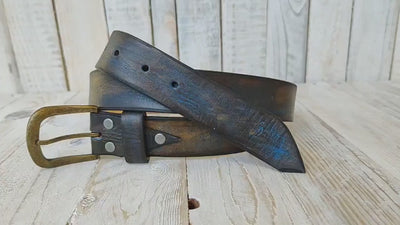 Handmade Leather Belt - Blue with Two-Tone Brown Wash, 3.6 cm - Perfect for Jeans
