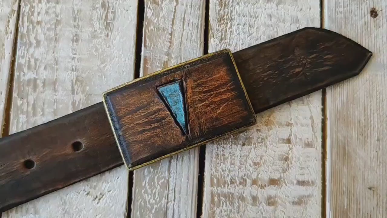 One-of-a-Kind Belt Buckle to Add Personality to Your Outfit -Brown Belt Buckle with Turquoise  Geometric Design