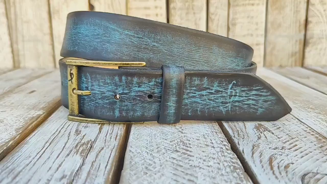 Distressed Turquoise Leather Belt - Personalized Statement Piece for Jeans - Rough Finish Stunning Design - Perfect Gift Option