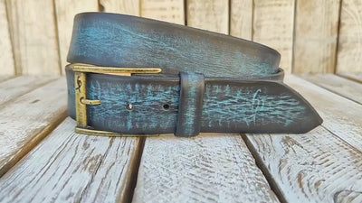 Distressed Turquoise Leather Belt - Personalized Statement Piece for Jeans - Rough Finish Stunning Design - Perfect Gift Option