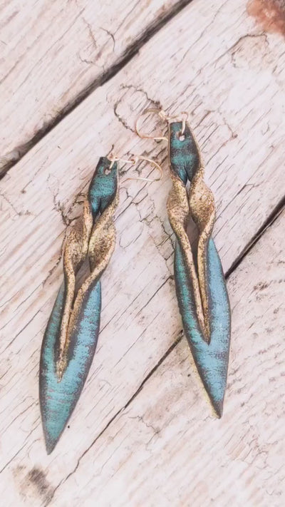 Handmade turquoise leather earing with brown wash and gold, you can wear it in both size, you get two beautiful earings in one.