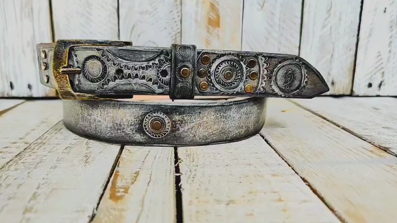 Handmade Leather Motorcycle Belt  Rugged White  Vintage Brown Wash with Gear Stamps Studs