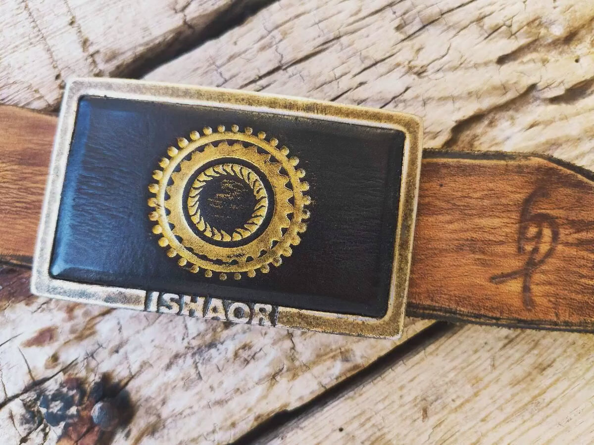 Ishaor original rectangle buckle with dark brown leather inside & motorcycle gear stamp in gold  ,stunning buckle that will upgrade any belt