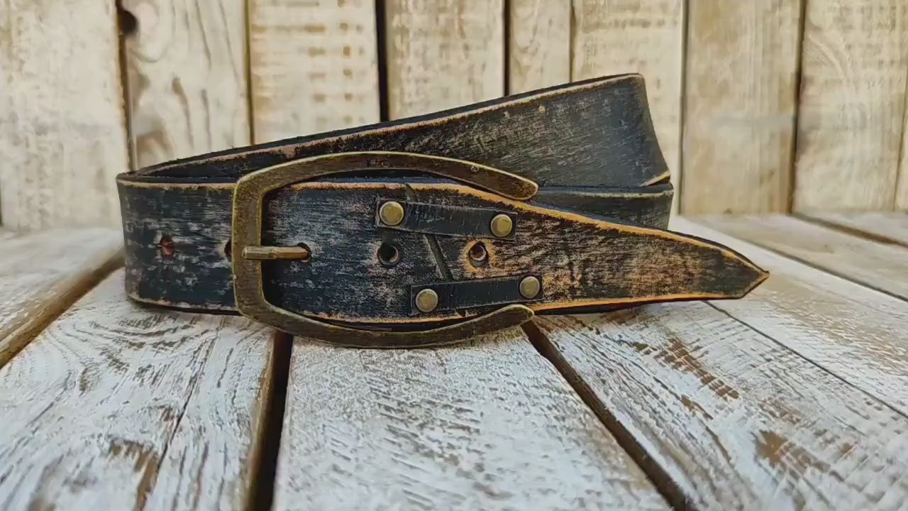 Distressed Vintage Black Handmade Leather Belt with Brown Edges, Unique Design with Rivets, Perfect for Rockers and Bikers by ISHAOR
