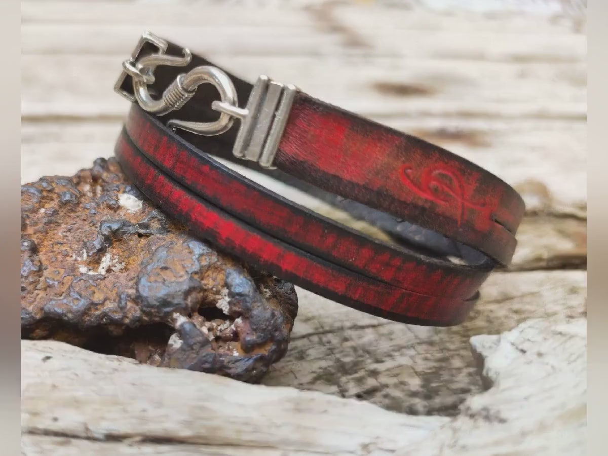 Red Leather Bracelet, Men's Bracelet, Men's Leather Bracelet, Wrap Bracelet, Leather Cuff, Men's Cuff, Genuine Leather, Cuff with Clasp