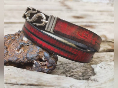 Red Leather Bracelet, Men's Bracelet, Men's Leather Bracelet, Wrap Bracelet, Leather Cuff, Men's Cuff, Genuine Leather, Cuff with Clasp