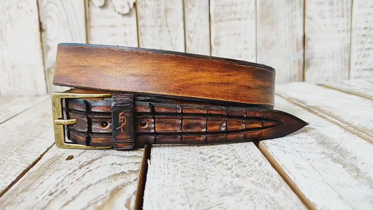 Handmade Brown Leather Belt with Crocodile Tail Shape & Texture | Unique 3.2cm Crocodile-Inspired Artisan Belt