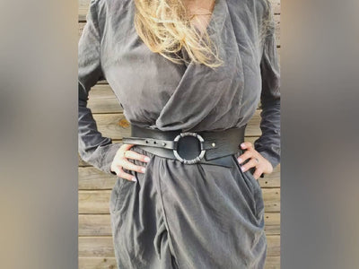 gold and white and black and blue dress Wide Leather Waist Belt main image 0