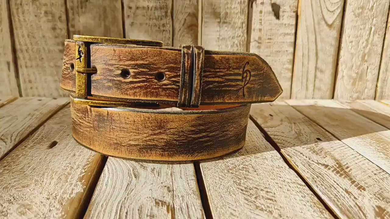 Ishaor Vintage Brown Leather Cowboy Belt, Handmade 4.2cm Western style. High quality Distressed leather