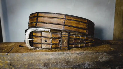 Handmade Brown Leather Belt – Hand-Carved Crocodile Texture – Artisan Leather Belt
