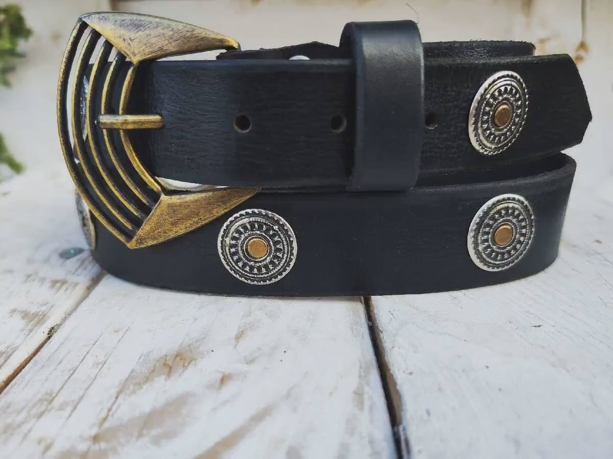 Boho Chic: Handmade Black Leather Belt with Silver Coin Embellishments and Gold Rivets