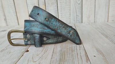 Turquoise leather belt with brown wash and amazing texture, handmade leather buckle belt, match with jeans and perfect gift for man & woman