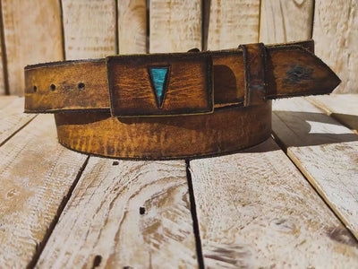 Handcrafted 3.6cm Brown Leather Belt with vintage texture and  Bronze designed Buckle covered in brown leather and Turquoise Triangle