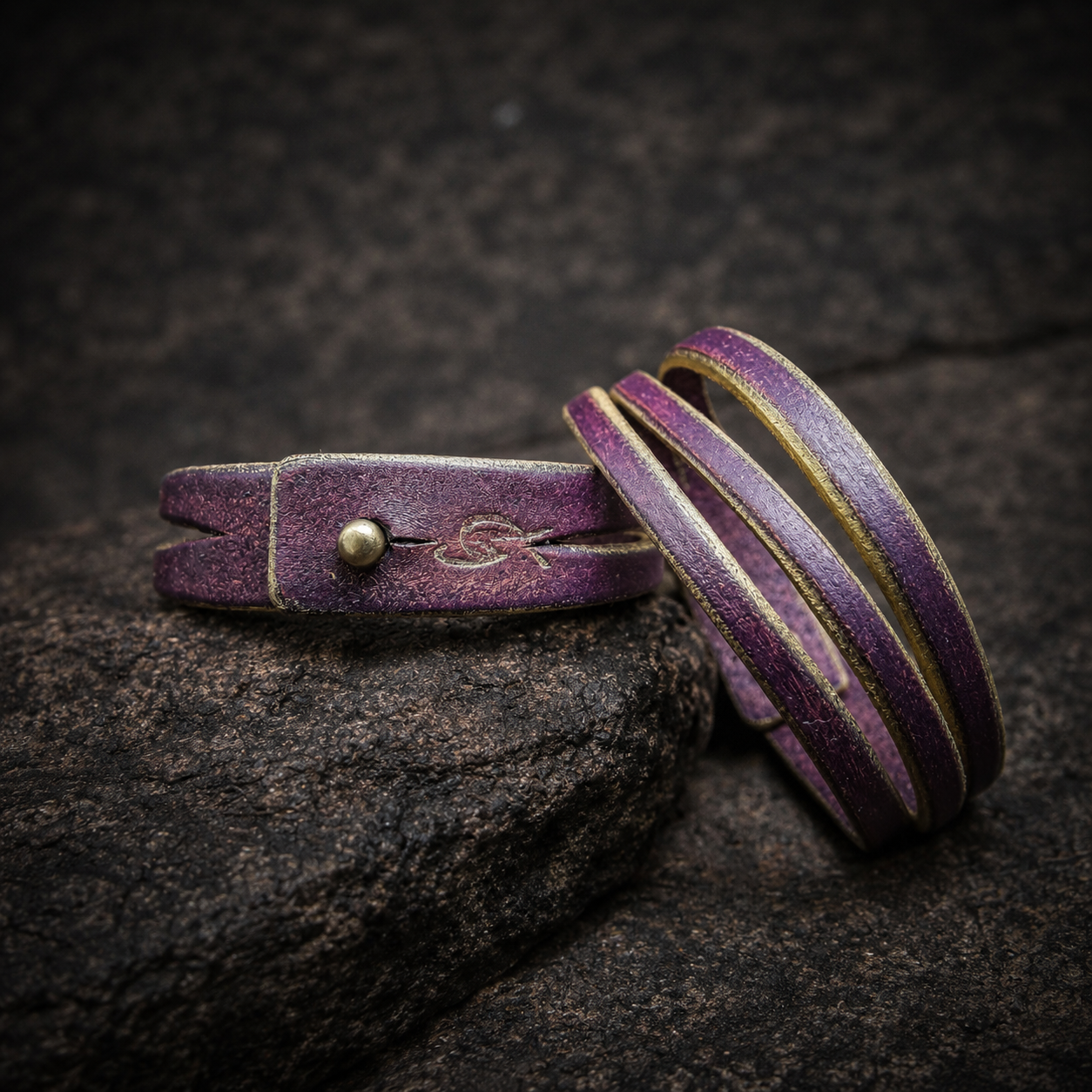 Women's Leather Cuff Bracelet - Purple and Gold Color