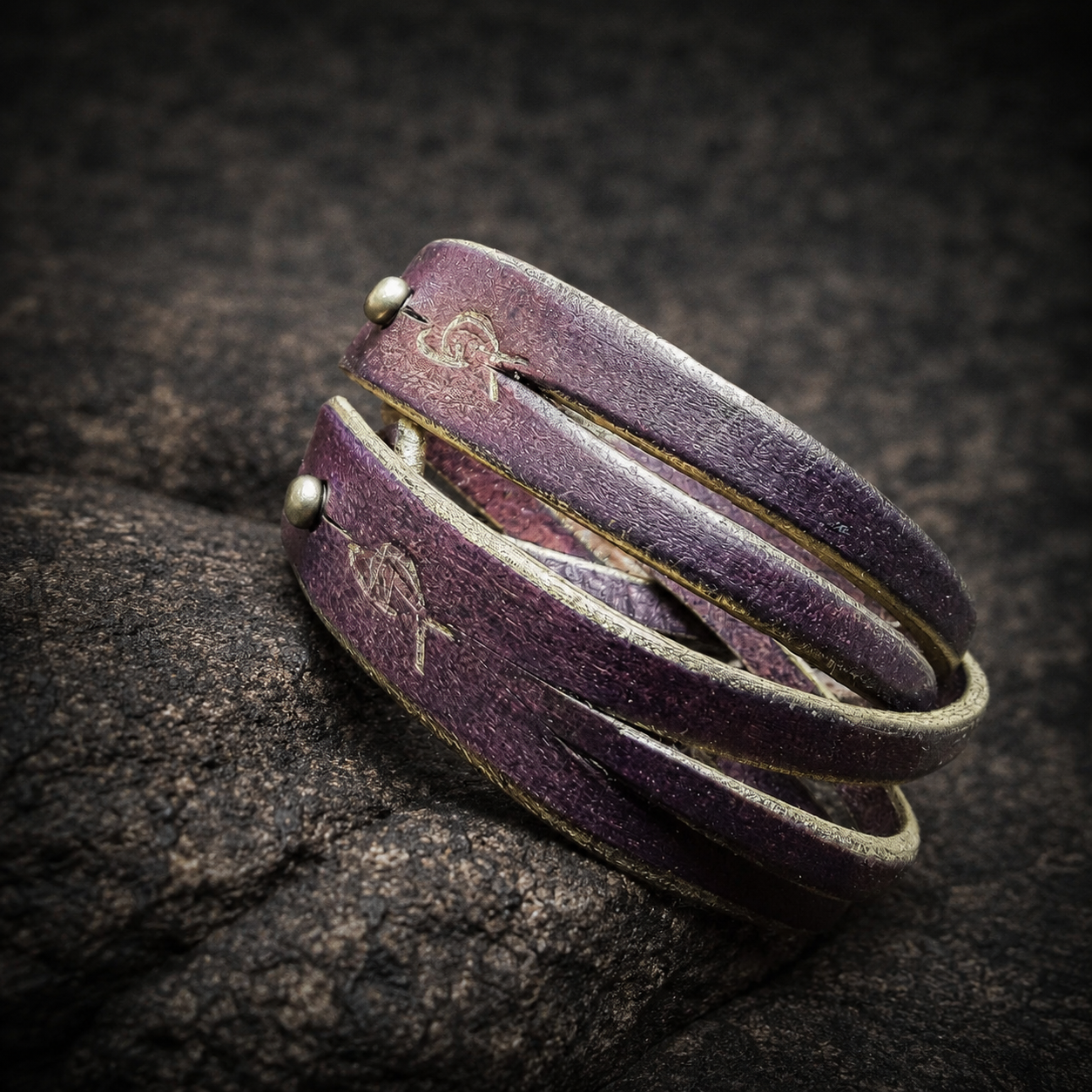 Women's Leather Cuff Bracelet - Purple and Gold Color
