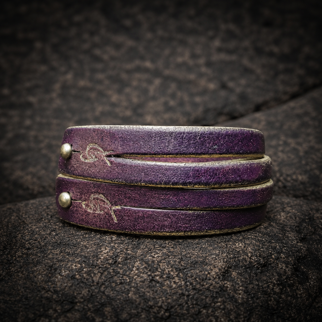 Women's Leather Cuff Bracelet - Purple and Gold Color